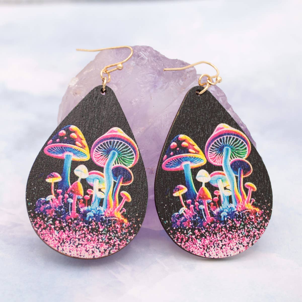 Neon Magic Wood Mushroom Print Earring