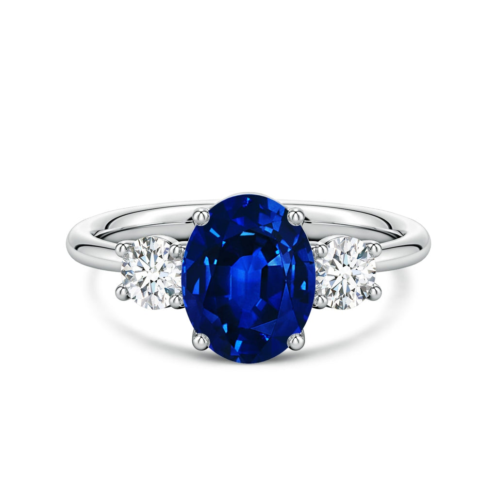 2.50 CTW Oval Lab-Grown Blue Sapphire Diamond Three-Stone Engagement Ring AGI Certified 8×6mm 14K White Gold