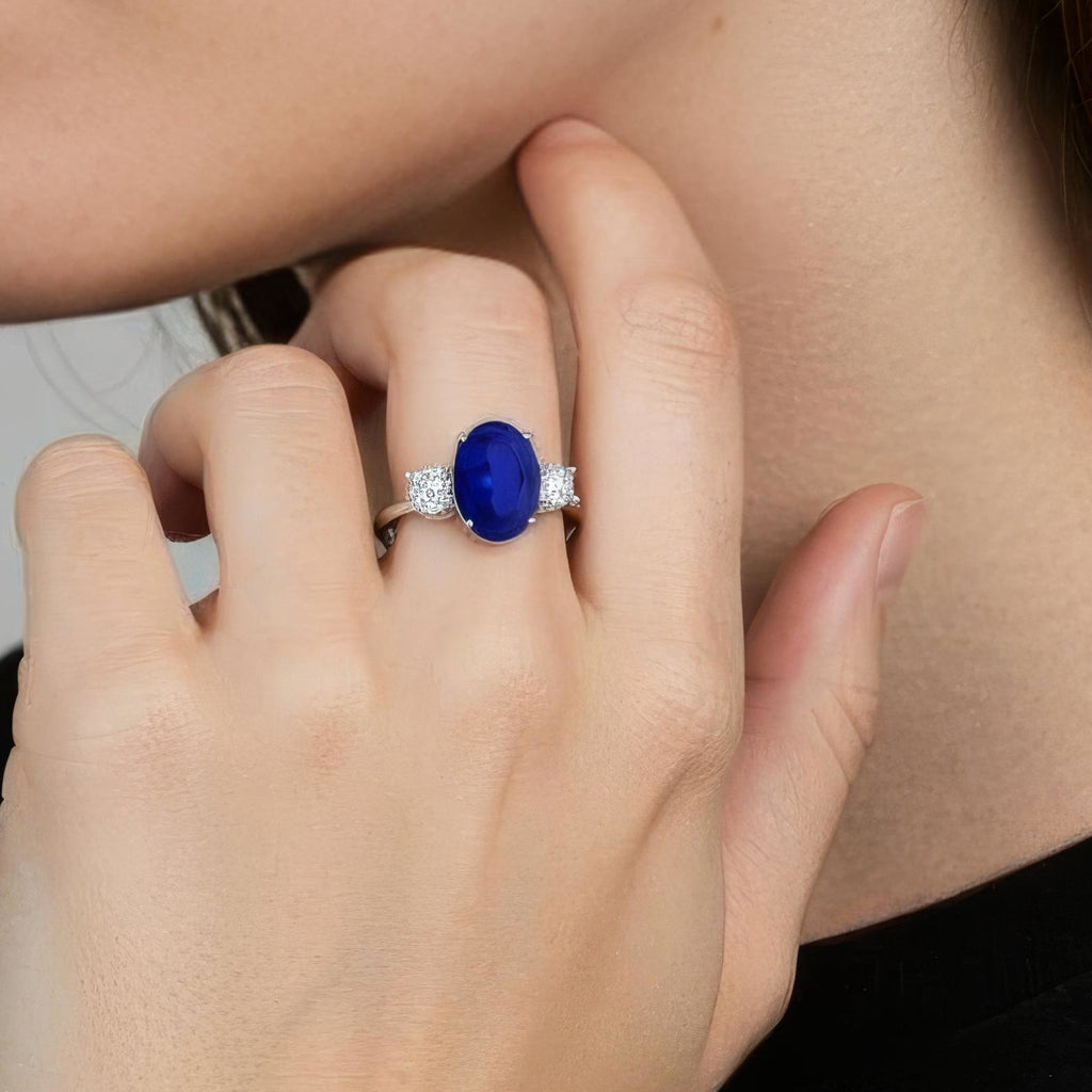2.50 CTW Oval Lab-Grown Blue Sapphire Diamond Three-Stone Engagement Ring AGI Certified 8×6mm 14K White Gold